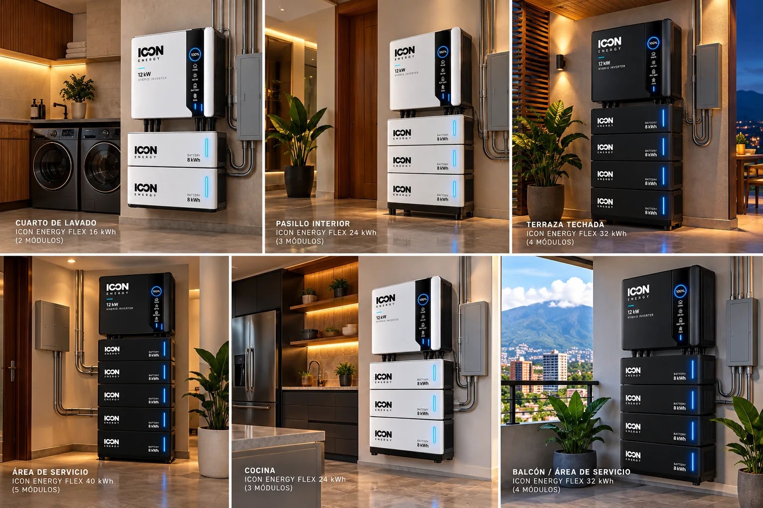 Render conceptual: seis ambientes del hogar con ICON Energy Flex en blanco y negro mate, de 16 a 40 kWh, en cuarto de lavado, pasillo, terraza techada, área de servicio, cocina y balcón