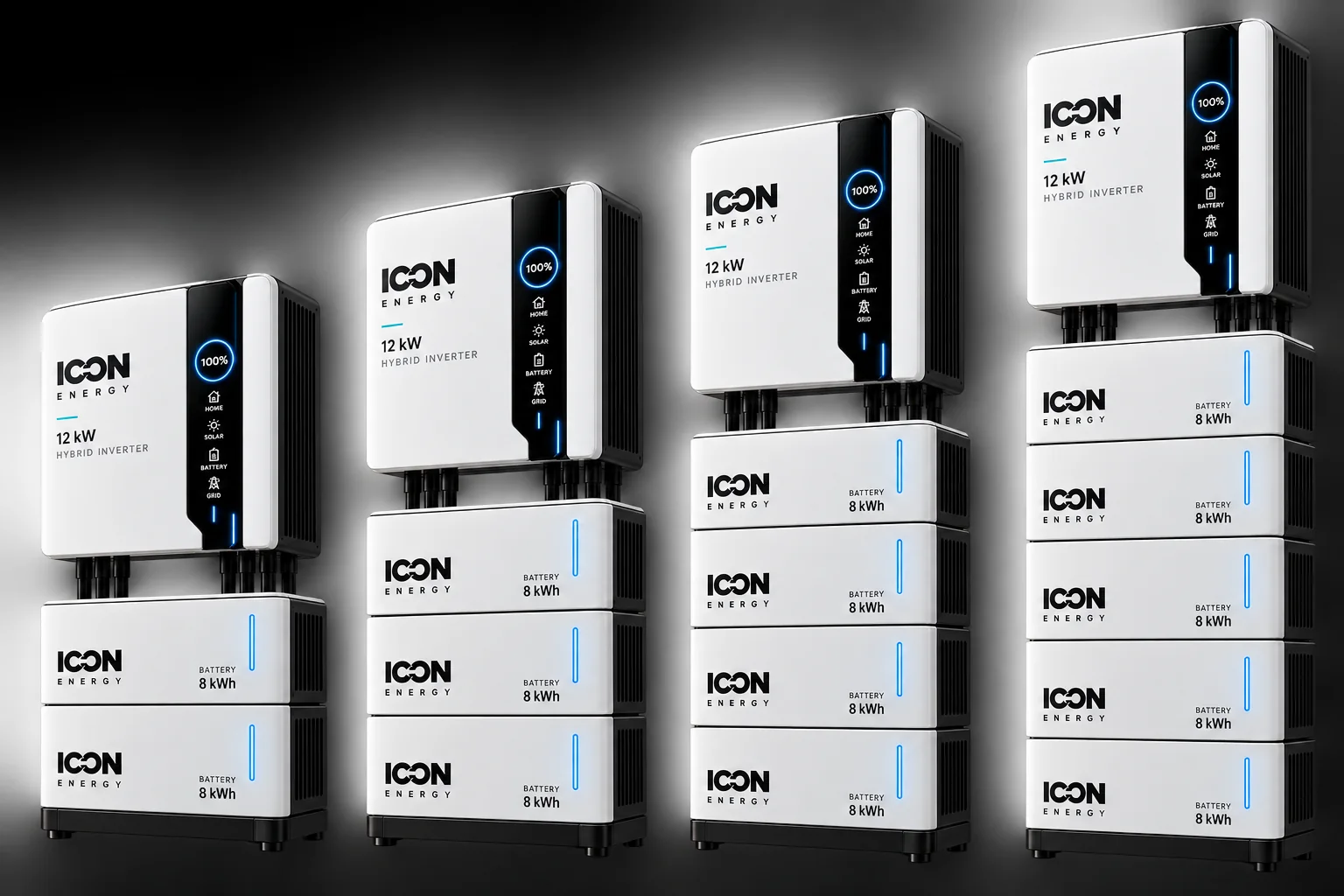 Render conceptual ICON Energy Flex en blanco: torres de 2, 3, 4 y 5 módulos de 8 kWh