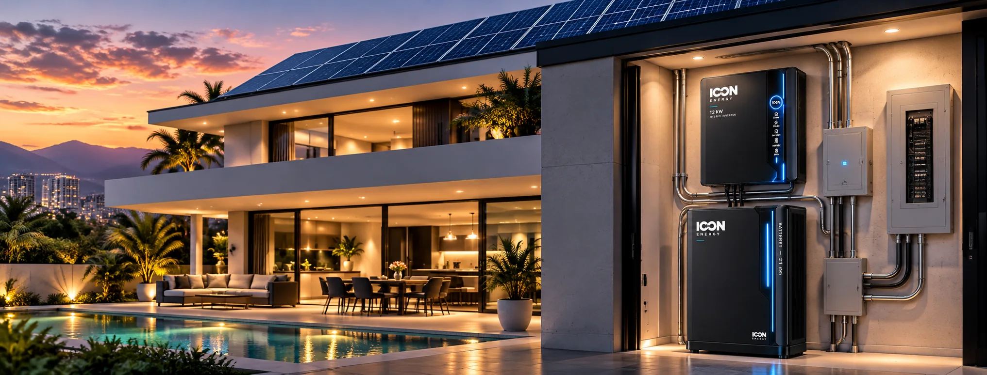 Representación conceptual: residencia moderna con paneles solares en el techo, inversor híbrido ICON Energy 12 kW y batería ICON Energy 21 kWh en acabado negro instalados en la pared junto al tablero eléctrico