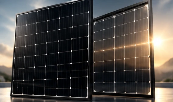 Dos paneles solares mostrando la cara frontal y la cara posterior iluminada a contraluz